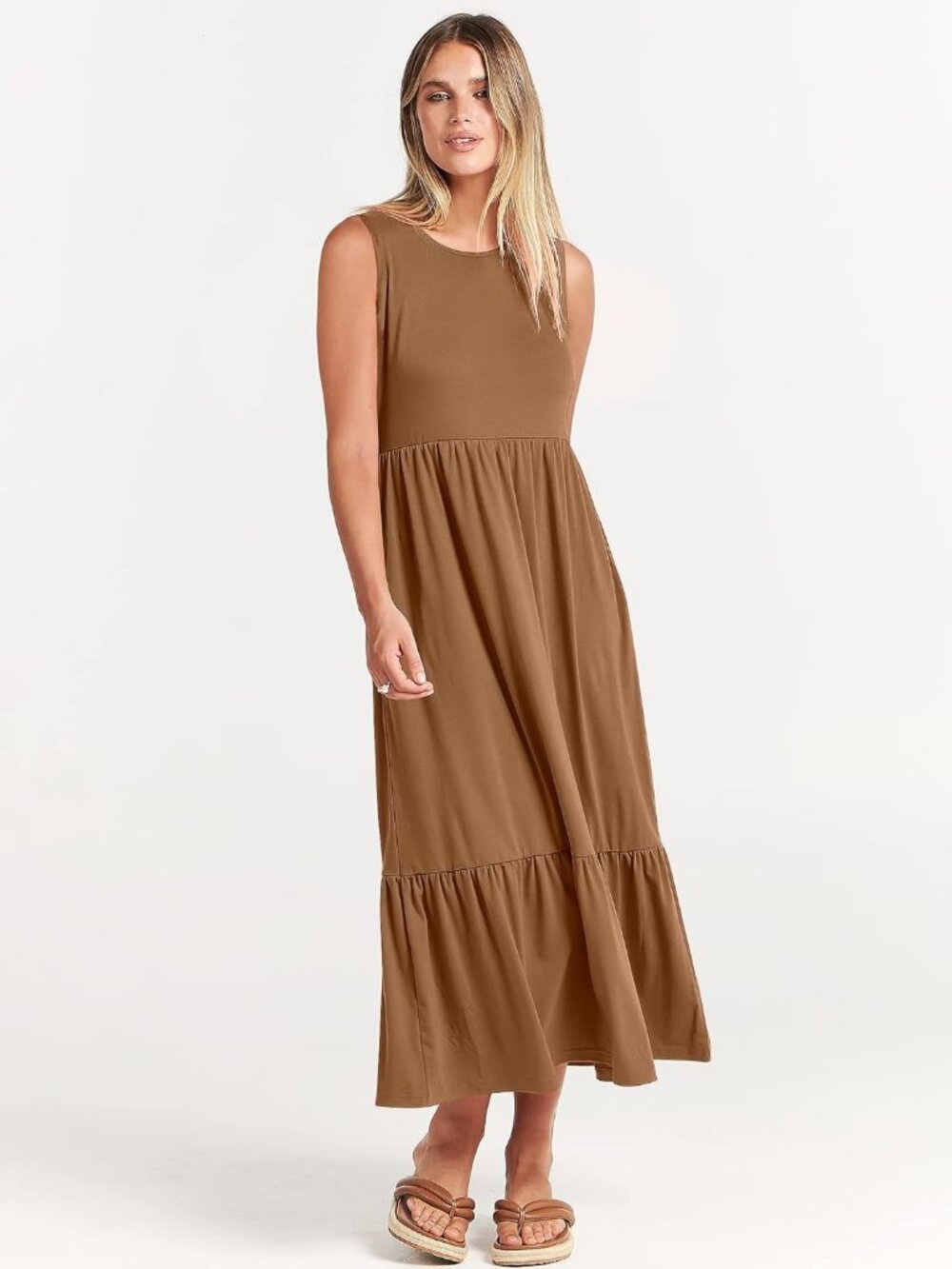 Women's Khaki Crewneck Summer Sleeveless Sundress Aline Flowy Tiered Long Maxi - Picture 4 of 6